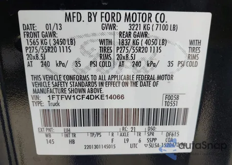 2013 Ford F-150 Lariat z USA, uszkodzony, nr VIN 1FTFW1CF4DKE14066